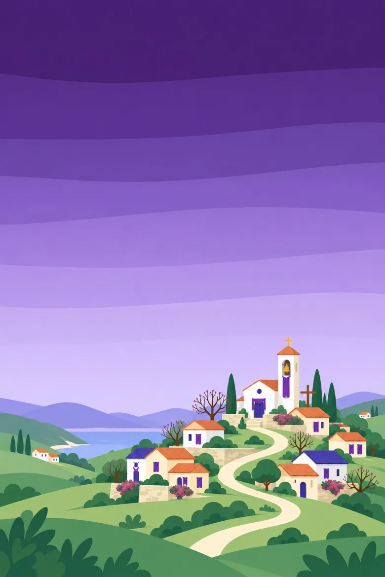 El pueblito en Cuaresma, bajo un cielo morado